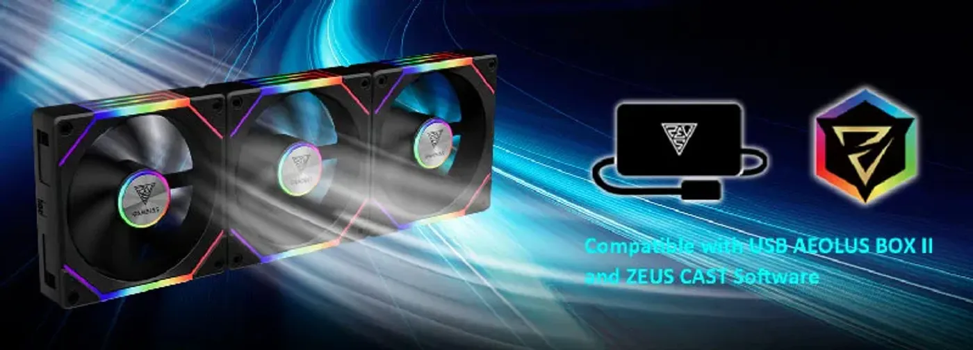AEOLUS P2-1203 RGB case fans with USB AEOLUS BOX II and ZEUS CAST software ecosystem integration